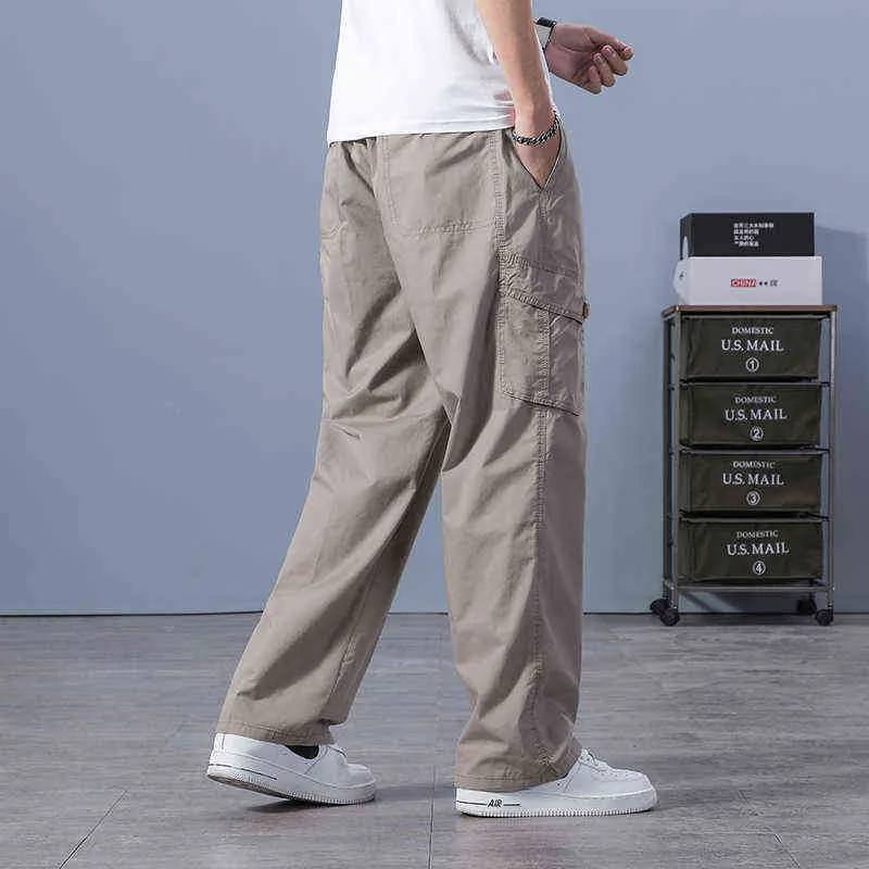 Erkek rahat fit pamuk dimi kargo iş pantolon büyük uzun boylu açık rahat elastik bel baggy hafif düz erkek pantolon H1223