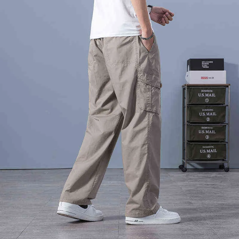 Men's Relaxed Fit Cotton twill Cargo work pants Big & Tall Outdoor Casual Elastic Waist baggy lightweight straight mens trousers H1223