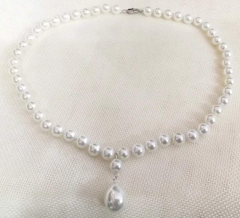 Collana donna gioielli 8mm perla tonda Bianco brillante Naturale PERLA CONCHIGLIA MARE DEL SUD pendente 12mm COLLANA 18'' 45cm 220214