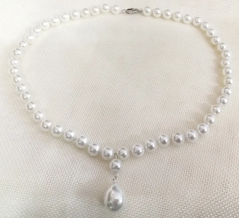 Woman jewelry necklace 8mm round bead Bright white Natural SOUTH SEA SHELL PEARL 12mm pendant NECKLACE 18'' 45cm 220214