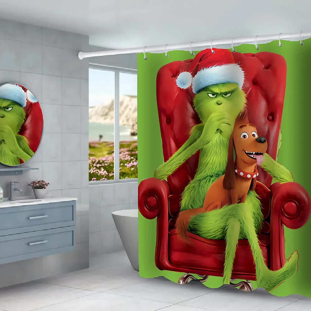 グリンチの盗んだクリスマスの防水シャワーカーテンカーペットカバートイレカバーバスマットパッド4ピースセット3Dプリントバスルーム装飾204323300