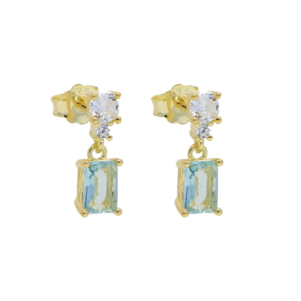 Geometric Fashion Jewelry White Round Light Blue Square Cubic Zirconia Cz Drop Charm Earrings 925 Sterling Silver for Women331M