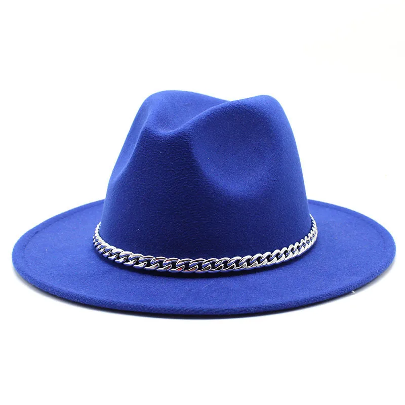 2020 High Quality Wide Brim Fedora Hat Women Men Imitation Wool Felt Hats with Metal Chain Decor Panama Fedoras Chapeau Sombrero C9959031