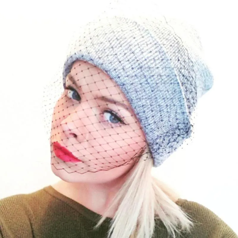 Women Lace fishnet Veil Crochet knit Skullies Cap femme Winter warm street Beanie Hat Lady sexy mesh dance party bonnet gorros2370