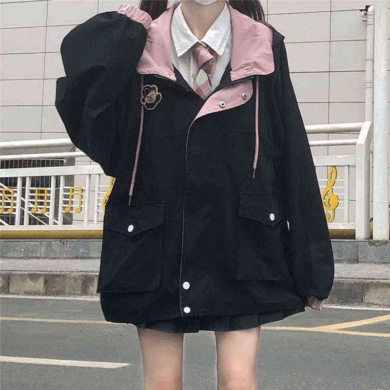 일본 카와이 지퍼 핑크 여자 재킷 한국 색상 어울리는 겨울 옷 느슨한 귀여운 여자 탑 코트 manteau femme 220118