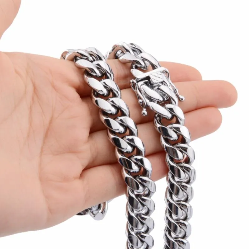 Kedjor 8-18mm bred 8-40-tums längd Mäns cyklist Silverfärg Rostfritt stål Miami Curb Cuban Link Chain Halsband eller armband 3197