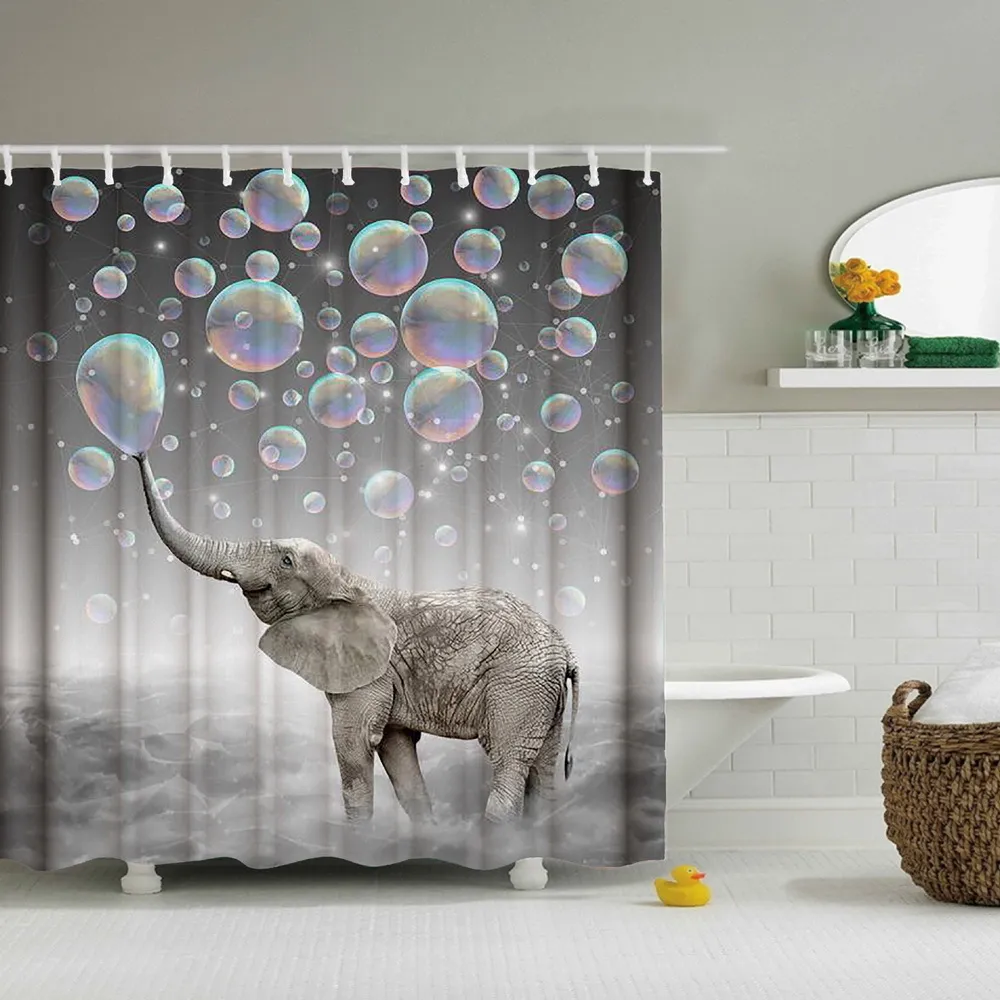 Elephant Waterproof Polyester Bubbles Bathroom Shower Curtain Toilet Cover Mat Non-Slip Floor Mat Rug Set with 12 Hooks LJ201304i