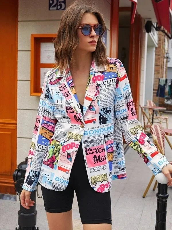 Amerika Snygg Vintage Paper Print Streetwear Womens Blazers Coat Plus Storlek 2020 Höst Ny Mode Jacka Lossa Elegant Lady LJ201021