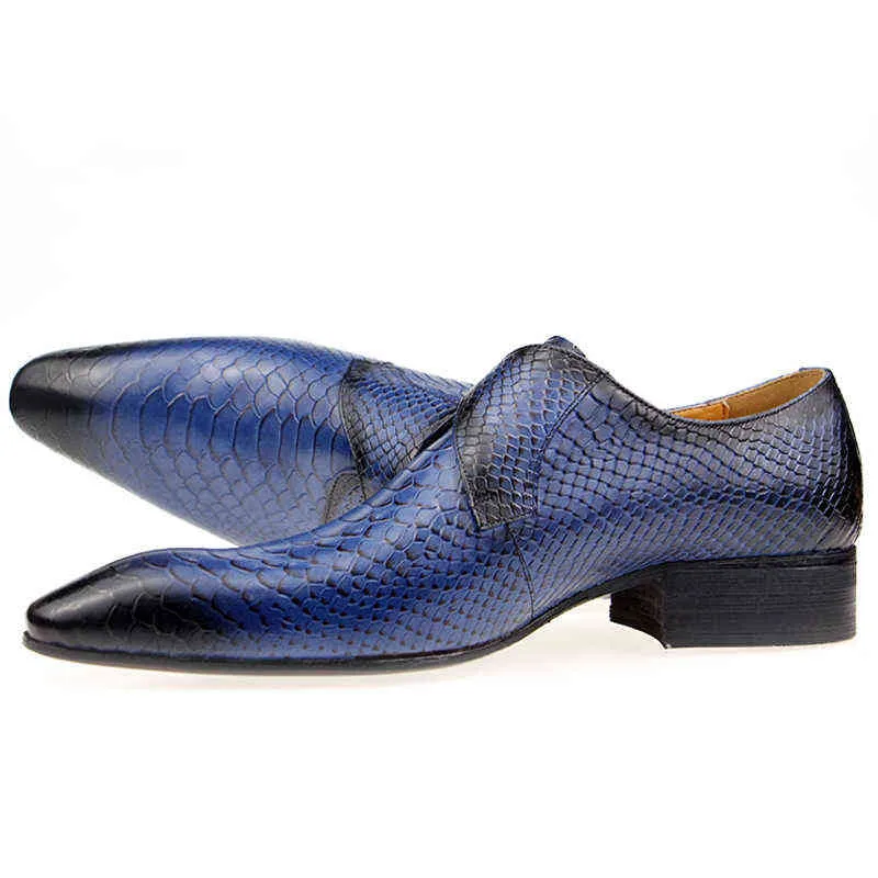 Zapatos de vestir Zapatos De Hombre Cuero genuino Hombre Diseñador hecho a mano Oxfords Serpentina Hebilla de metal Azul Negro Mocasines de un solo paso 220223