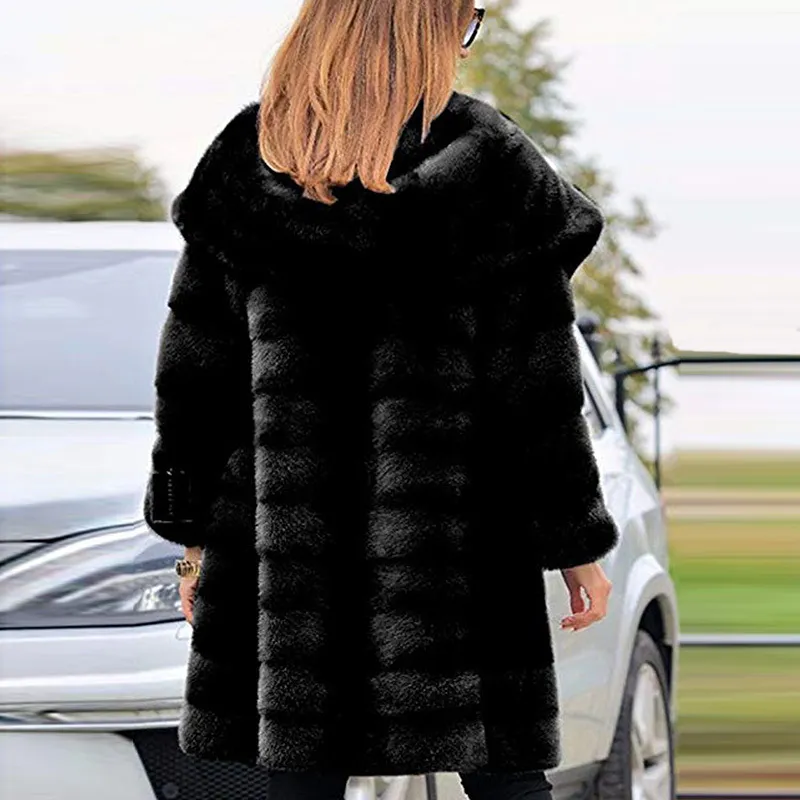 Umeko chaud automne hiver fausse fourrure à capuche longs manteaux femmes à manches longues velours plus taille vêtements d'extérieur dames surdimensionné élégant pardessus 201029