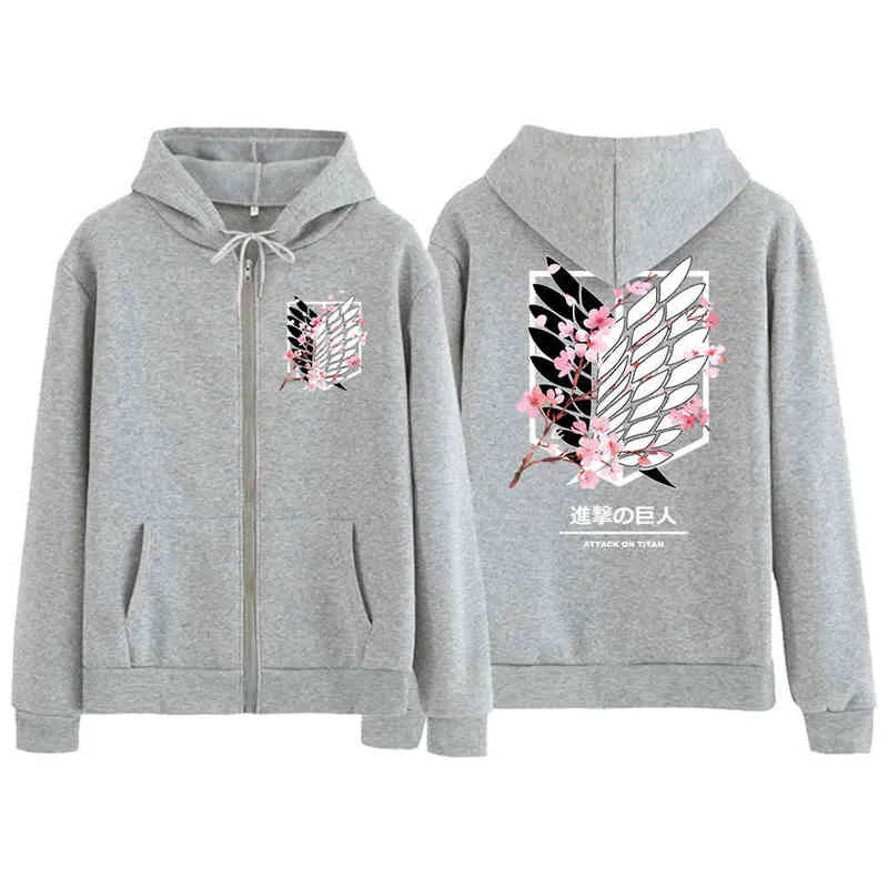 Anime Attack on Titan Hoodies Levi Ackerman Mikasa Cherry Blossom Sweatshirt Jacket With Zipper Sudadera felpa moletom H1227