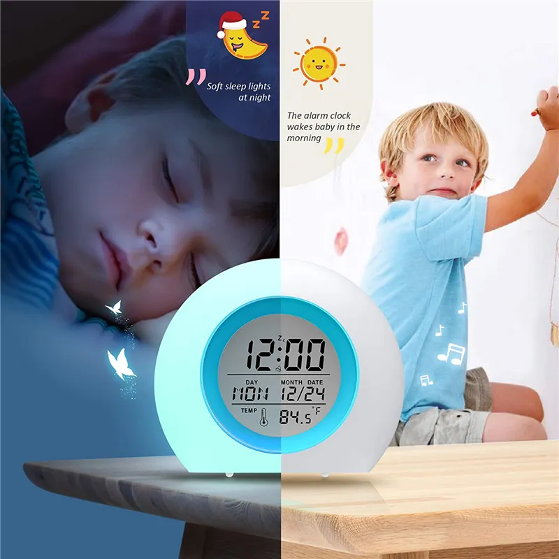 Kids Digital Despertador 7 Cor Night Light Sze STEMPTENS Detectar Crianças Sono Bedside Bonito Acordar Temporizador 220311