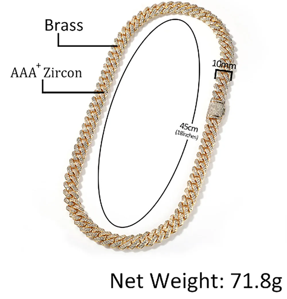 Collier de chaîne de liaison à forfait diamant de 10 mm 14k plaqués en or blanc plaqué 2 lignes bijoux de zircone cubique 16inch-24inch chaîne cubaine241k