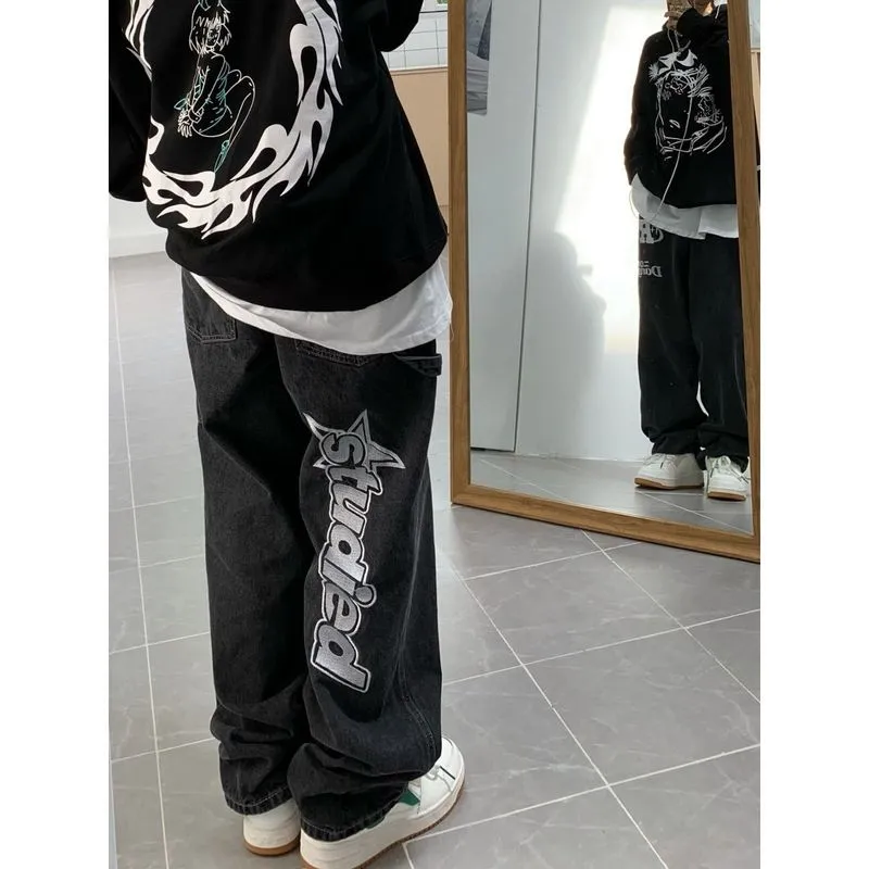 Letras americanas bordadas outono rua hip-hop solto jeans amantes quatro estações tendência selvagem fina largamente pants ins 220311