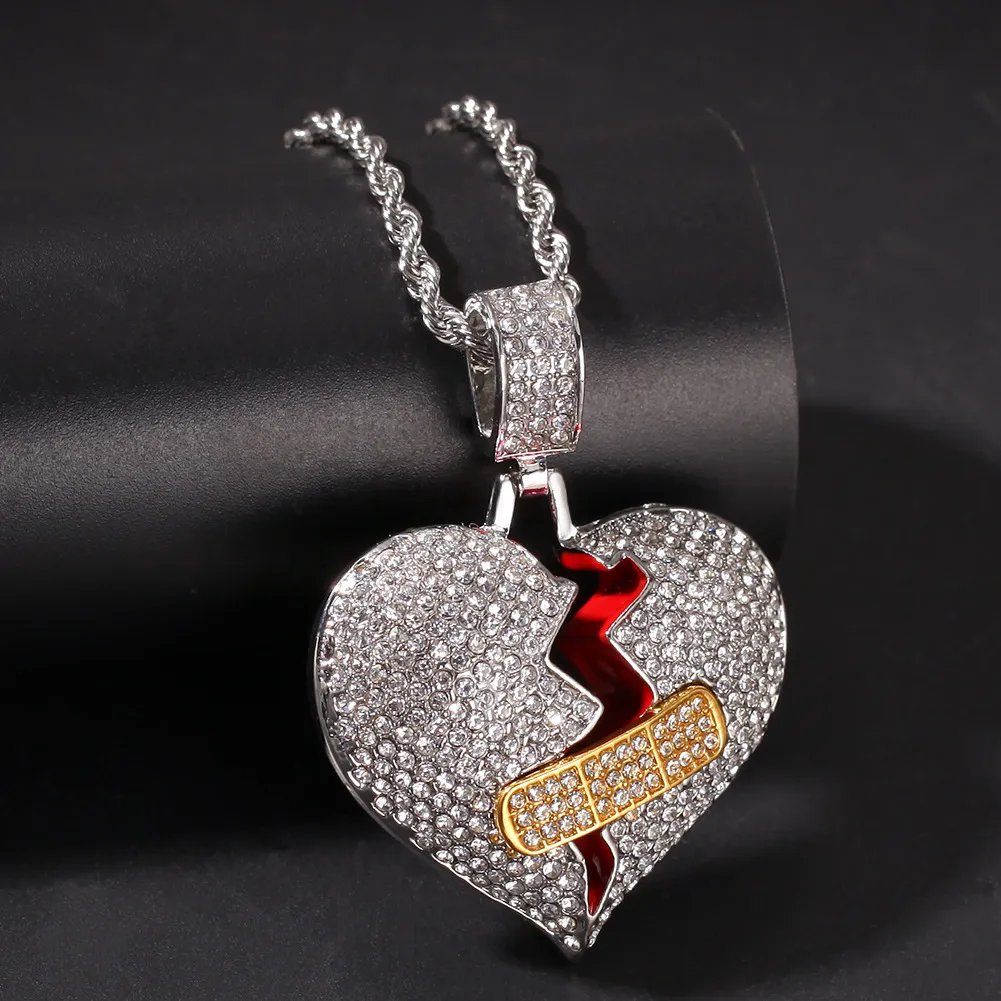 New Mens Heart Pendant Necklace Iced Out Heart Pendant Necklace Fashion Broken Heart Bandage Necklace Jewelry288S