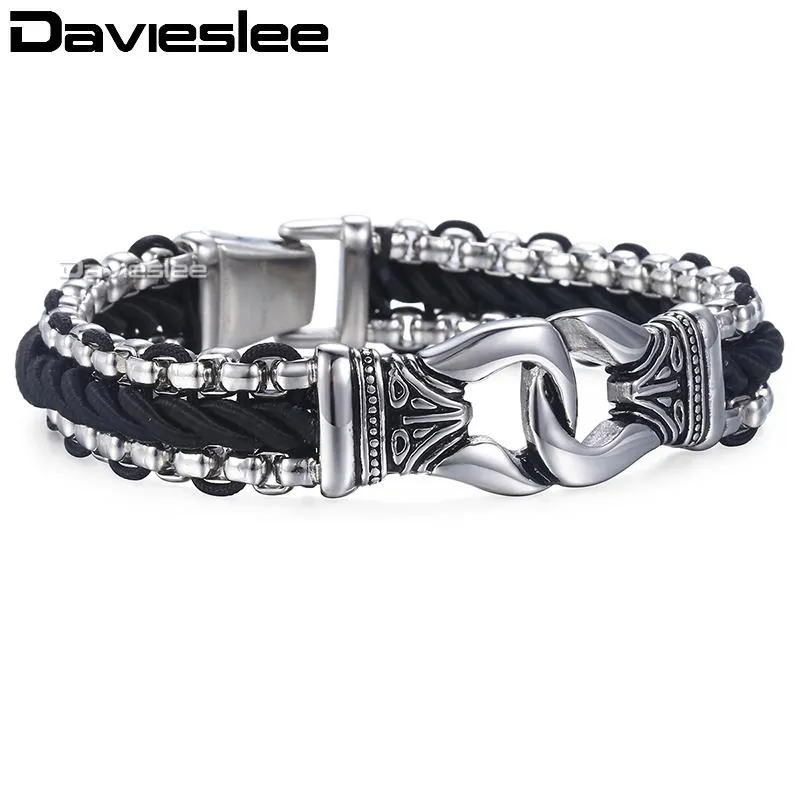 Davieslee Fashion Mens Man-made Leather Bracelet Stainless Steel Box Link Knot Charm Wristband 12 13mm Gold Silver Color DHB496266u