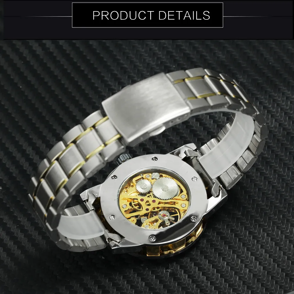 Vinnare Hollow Mechanical Mens Watches Top Brand Luxury Iced Out Crystal Fashion Punk Steel Wristwatch för Man Clock 201113297U
