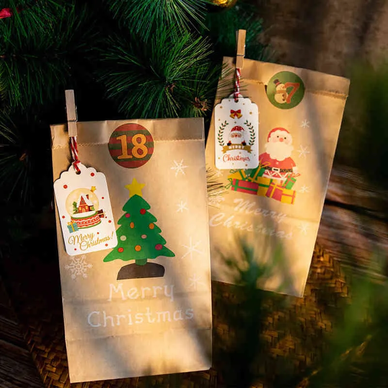 / definir sacos de papel de Natal DIY presente de embrulho de presente xmas favorece sacos de doces com advento calendário adesivo H1231
