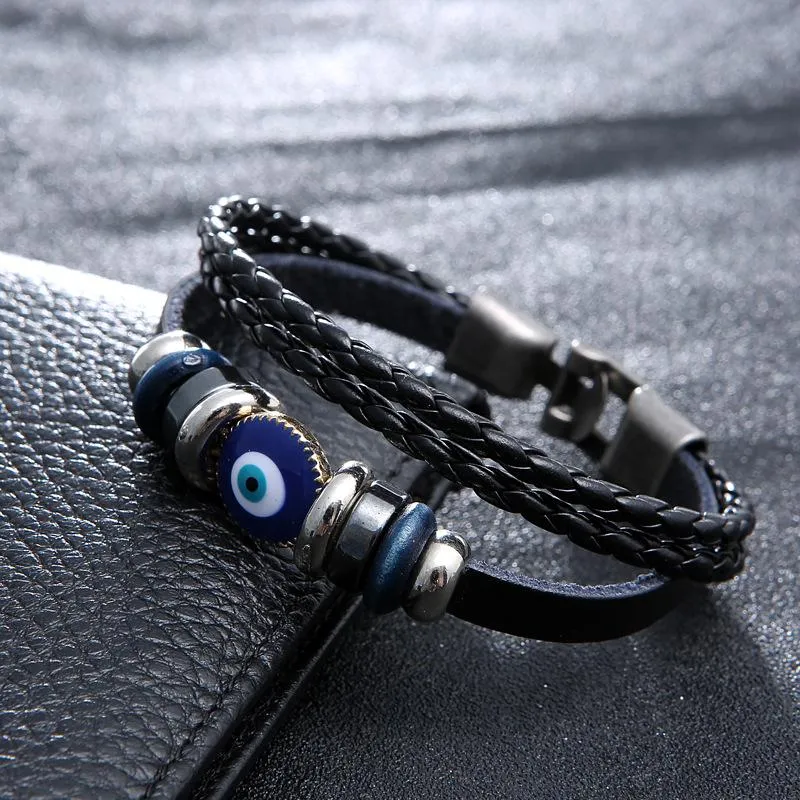 Urok bransoletki punkowe design turecki niebieskie oko dla mężczyzn Kobieta moda opaska warstwowa czarna skórzana bransoletka vintage biżuteria Fawn22247m
