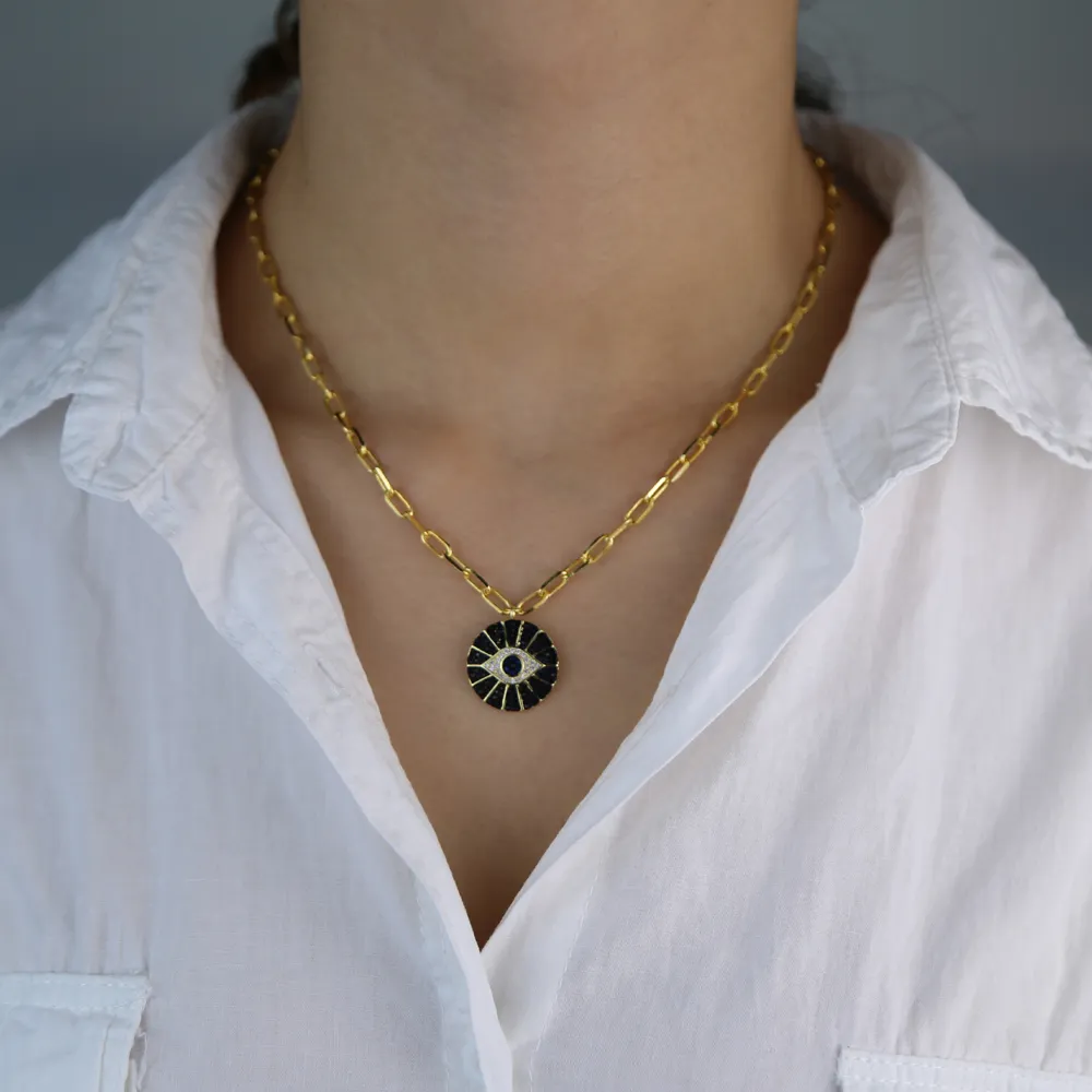 Ouro cheio de zircônia cúbica preta moeda redonda pingente de mau olhado colar de elos abertos para mulheres 2010147437917