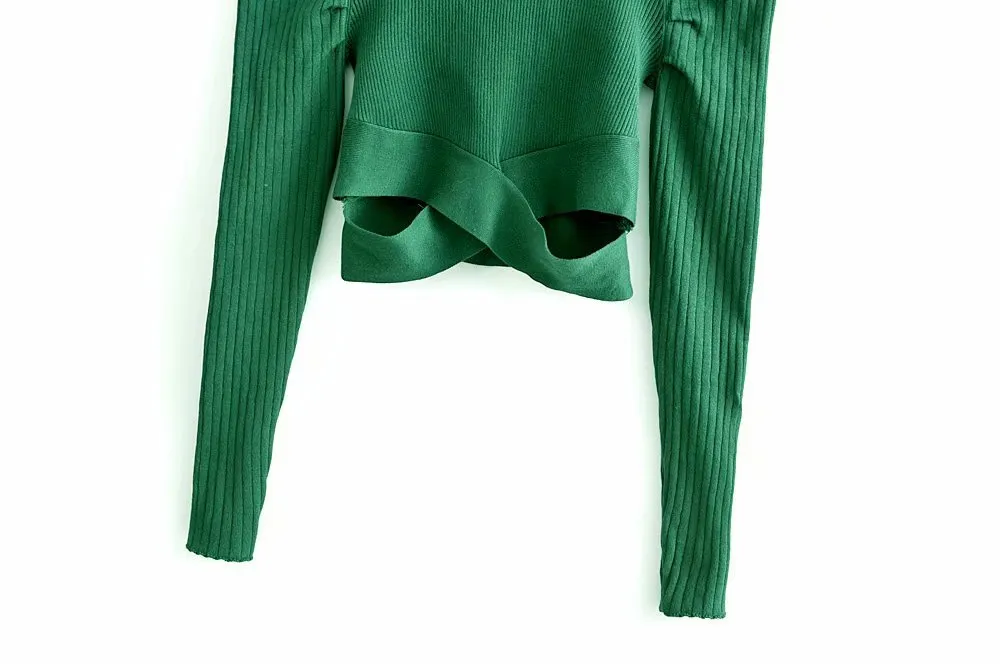 women fashion puff sleeve short sweater ladies basic knitted casual slim high street hem cross sweaters chic tops S217 201221