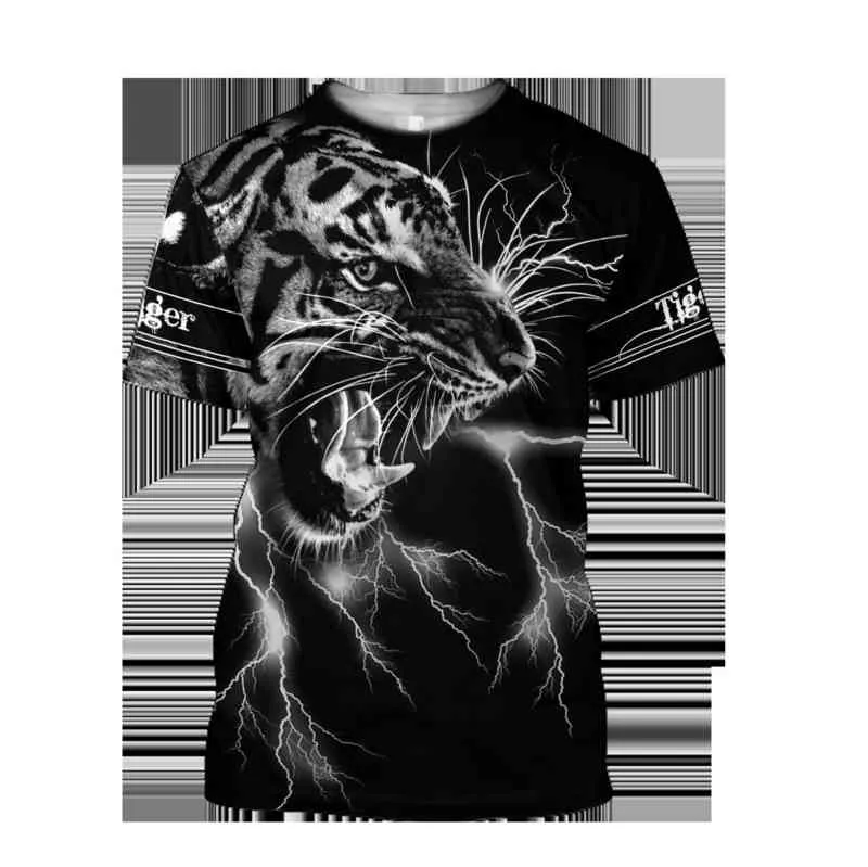 2021 Verão Homens T-shirt Premium Tiger Pele 3D Impresso T-shirt Harajuku Casual Manga Curta T-shirt Unisex Tops QDL014 Y220214