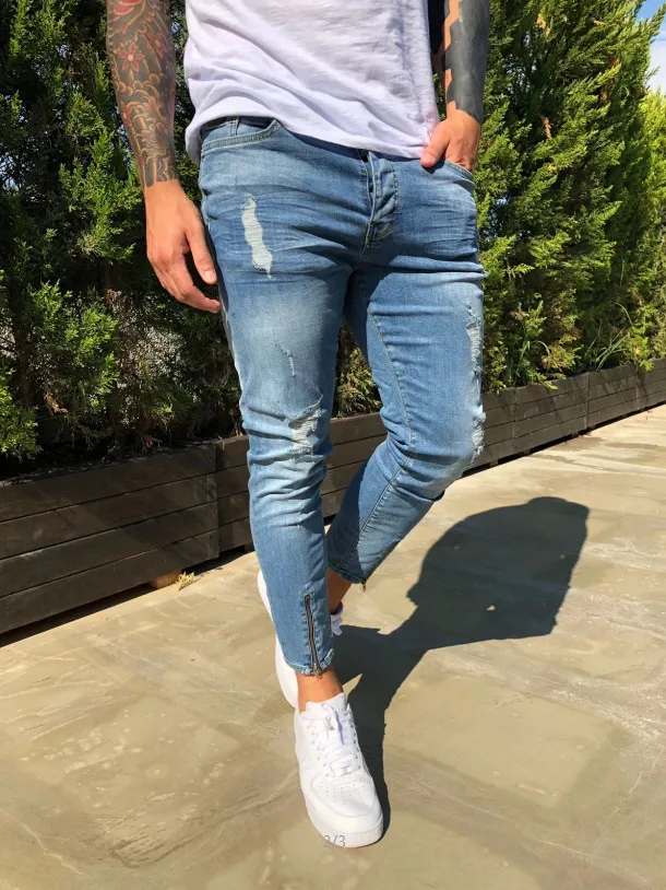 Rozciągliwe Przycięte Spodnie Mężczyźni Brand New Zniszczone Ripped Biker Jeans Dorywczo Slim Fit Skinny Ołówek Spodnie Projektant Denim Spodnie 2011215 S