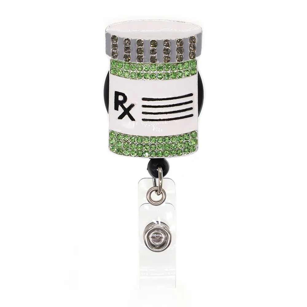 Fashion Nyckelringar Crystal Rhinestone Medical Rx Pharmacy Pill Medicine Bottle Badge ID Holder Dractable Reel för dekoration311f