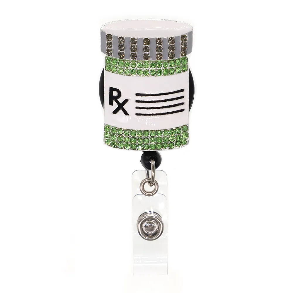 Moda chaveiros cristal strass médico rx farmácia pílula medicina garrafa crachá id titular carretel retrátil para decoração268r