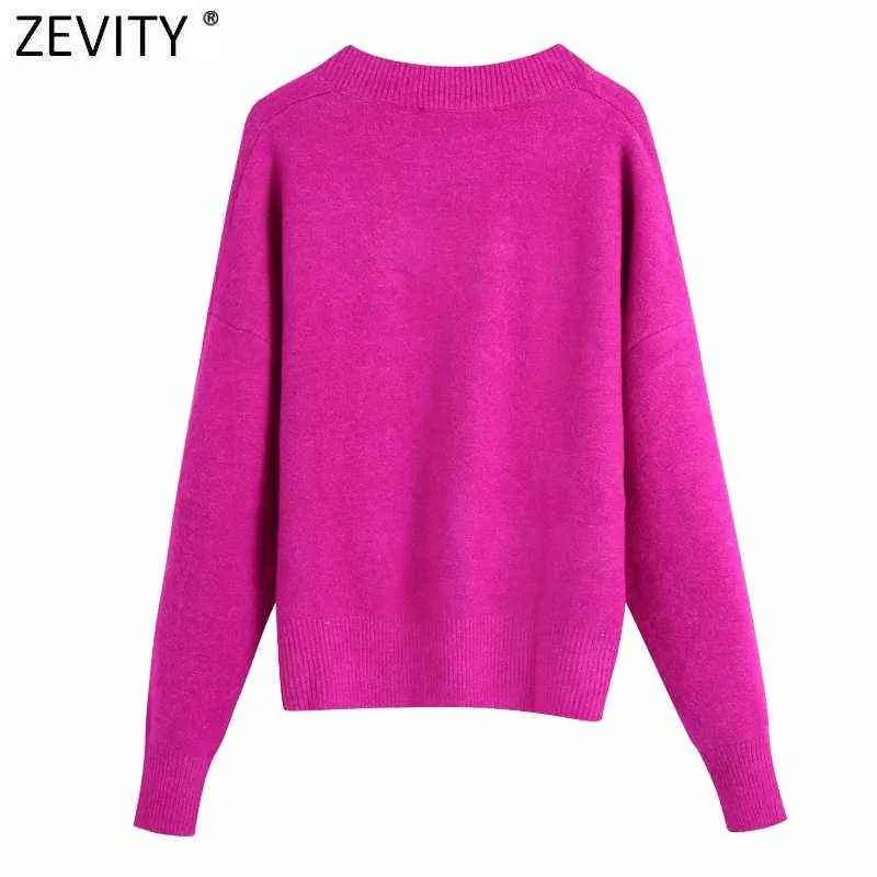 Zevity Femmes Simplement V Cou Soft Touch Casual Purple Pull à tricoter Femelle Chic Basic Pulls à manches longues Marque Tops SW901 211221