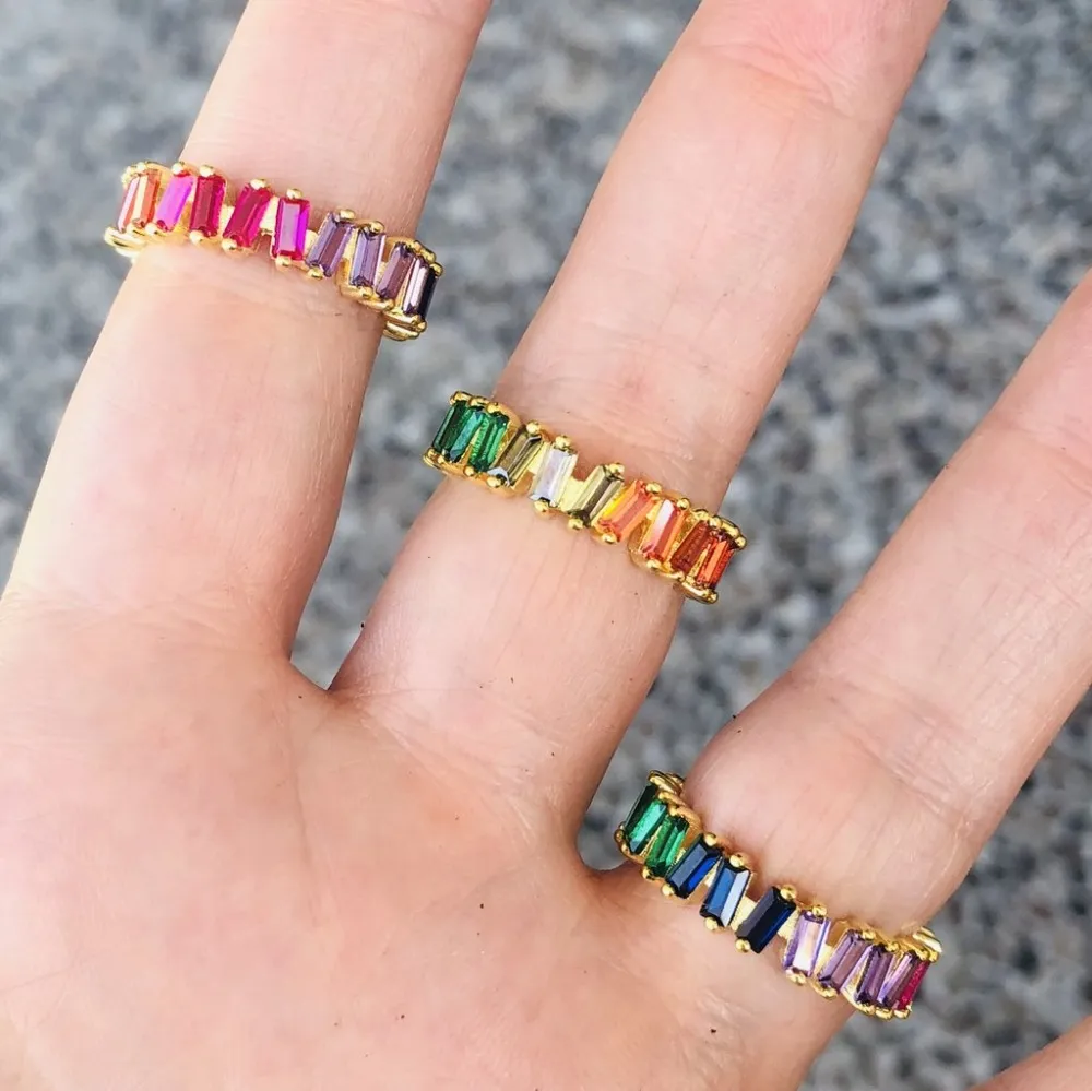 2021 złoty kolor Rainbow bagietka CZ obrączka zaręczynowa najwyższej jakości 5A cyrkonia kolorowy palec wieczność obrączka