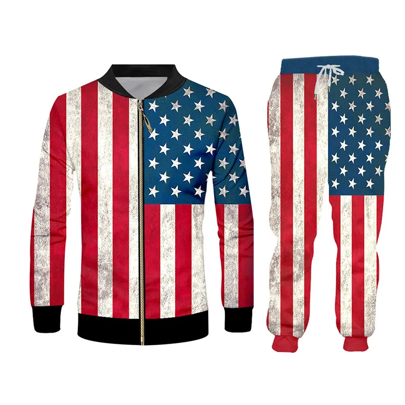 UJWI Nouveauté Harajuku Drapeau Américain Costume Stars Stripes Imprimer Pantalon Et Sweat À Capuche ZIP 2 Pièce Ensemble Hommes Femmes Jogger LJ201117