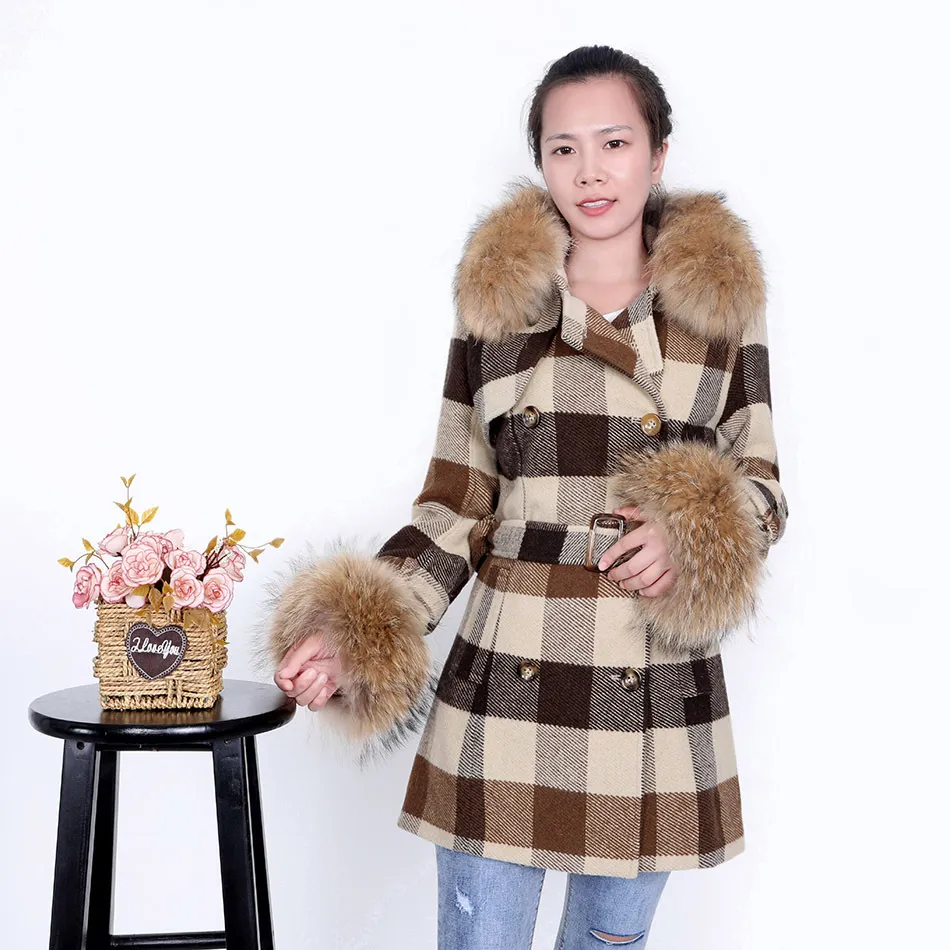 Maomaokong plaid dames jas lederen wasbeer oversized bont kraagjas dubbelkast met wintertaart overwinnen vrouwelijke blazer 201103