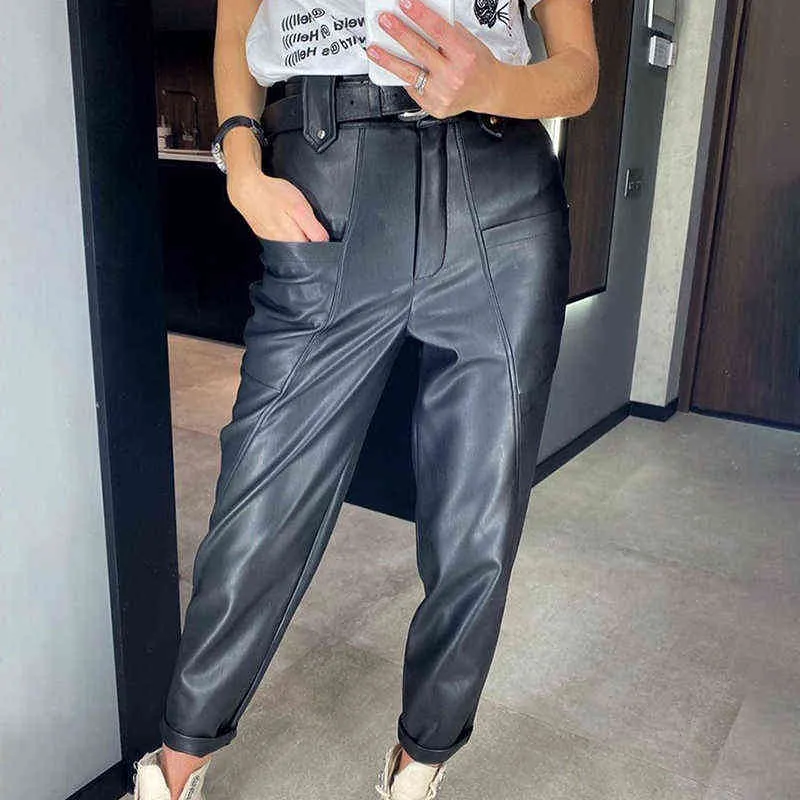 Beyouare Faux Skórzane spodnie Vintage Casual PU Kobiety Wysoka talia Duże kieszenie Proste Pants Jesień Elegancka Lady Pant Capris 211216