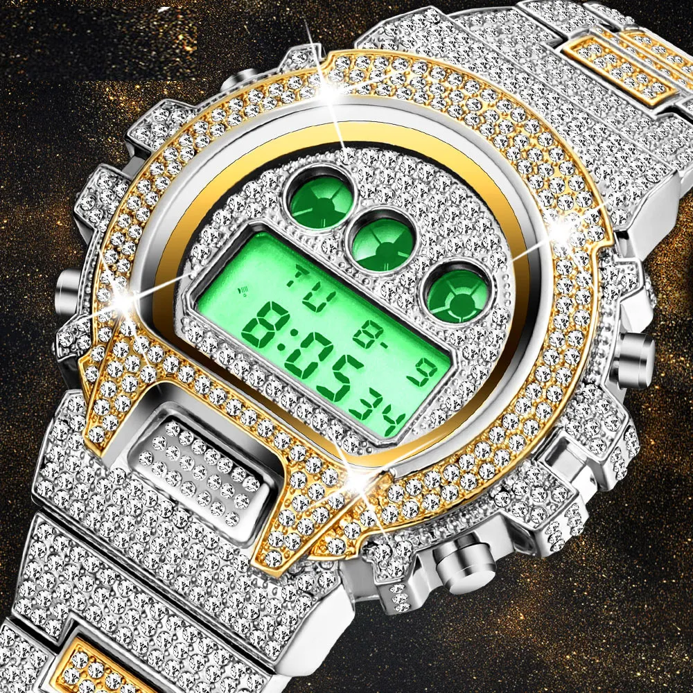 High-End Men's Luxury Smart Watch Luminous Full Rhinestone 30m vattentätt rostfritt stål Sports Watch Men's Multicolor 266G