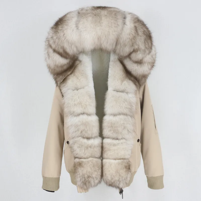 OFTBUY Nouveau Bomber imperméable Parka Veste d'hiver Femmes Manteau de fourrure véritable Collier de fourrure de renard naturel Capuche chaude Streetwear détachable 201103