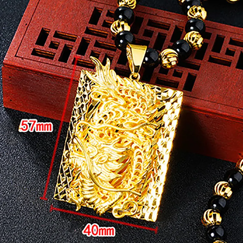 Regali interi intagliati con cura giallo cinese oro 24 carati drago nero ossidiana collana pendente gioielli da uomo 20101371463592008902