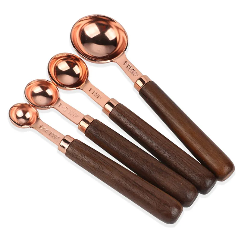 Amazon hot selling Stainless Steel Measuring Cups And Spoons Set With Walnut Handle For Measuring Baking Set Of 8 Rose Gold