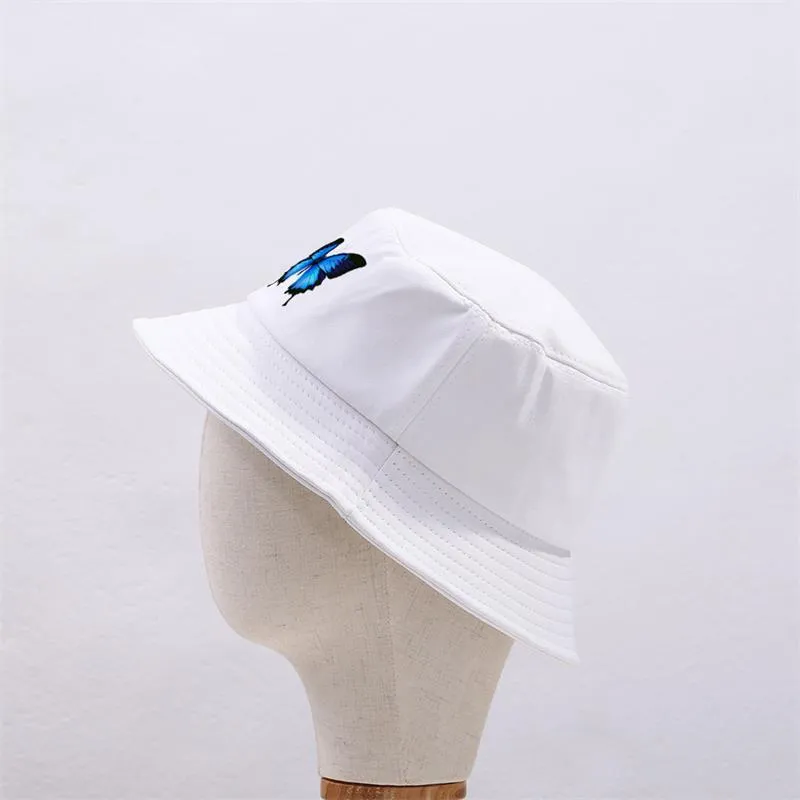 Azul borboleta harajuku chapéus de pescador protetor solar casual praia boné de sol ao ar livre unisex balde chapéu dobrável algodão panamá caps280h