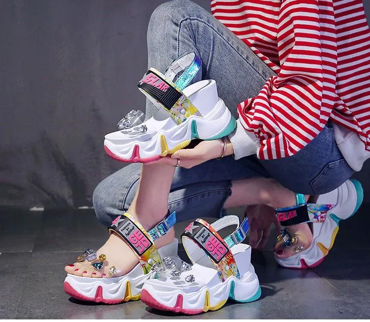 2020 New Women Summer Wedge Sandals Transparent PVC Crystal Chunky Platform Shoes Woman Rainbow Thick Bottom Sandalias