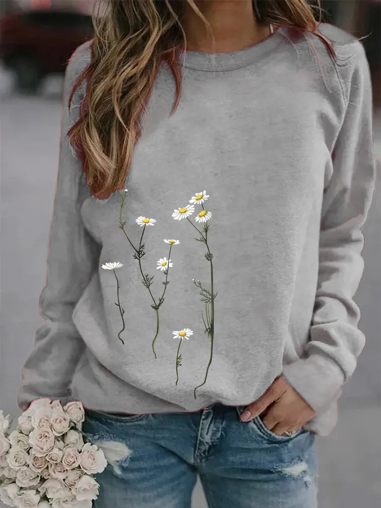 Женщины зимняя одежда цветочные печатные повседневные толстовки с длинным рукавом TOPS футболки женские круглые шеи пуловер свитер 220308
