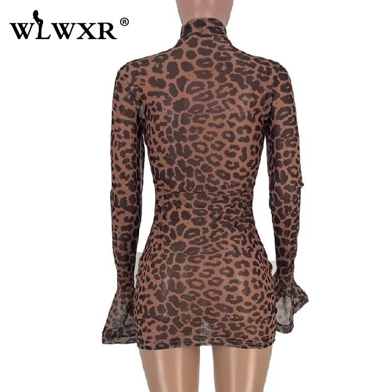 WLWXR透明ヒョウセクシーメッシュドレス女性長袖ボディコンミニドレス女性クラブウェアパーティーラップレディースショートドレスT200708