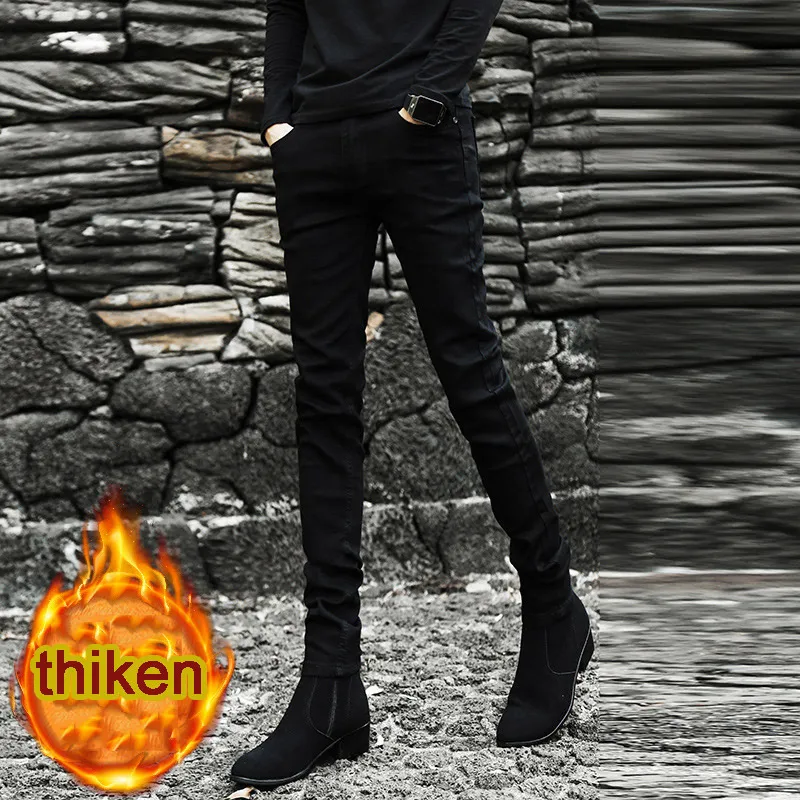 秋の冬のファッションメンズストレッチプラスベルベット厚いジーンズメンズフィート黒い韓国のスキニーペンシルパンツメンズブーツジーンズ201128