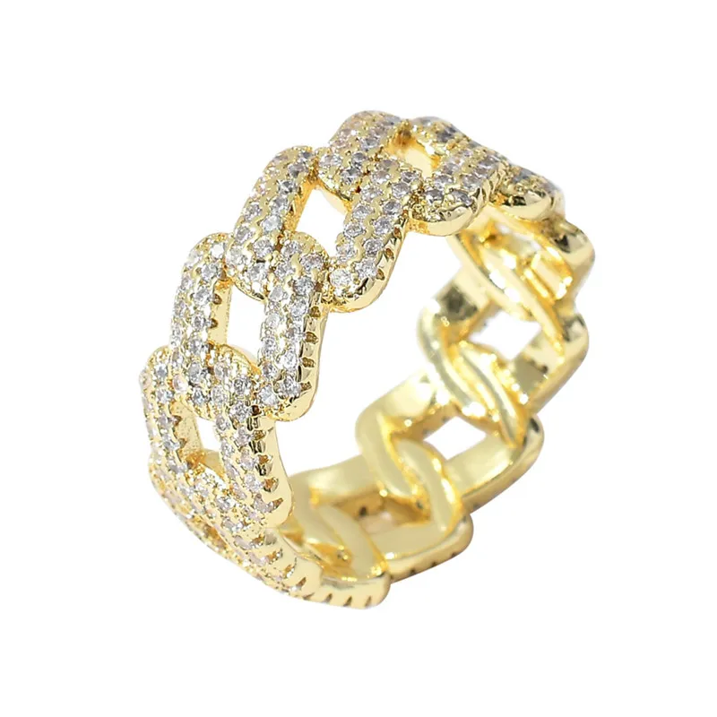 Anillos femeninos femeninos de hielo anillo de circón de circón de color dorado cadena de enlace cubano anillo de artista callejera exagerada para mujeres bling bling226e