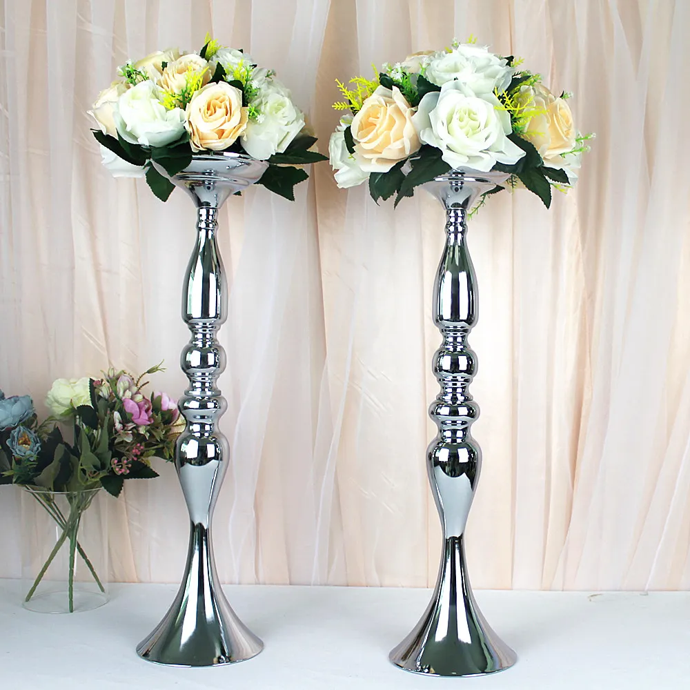 10st Silver Metal Candle Holders Flower Vases Candlestick Wedding Table Centerpieces Event Road Party Candle Stands Rack Y200110