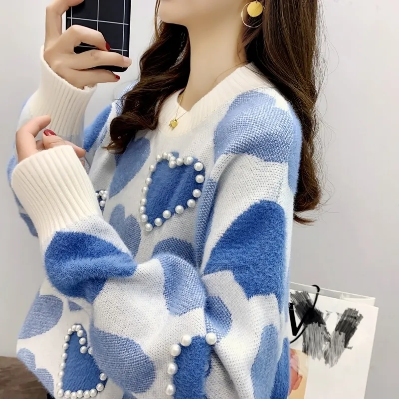 2020 Lazy Style Foreign Style Loose Sweater Women Korean Version Pullover Sweater Small Fresh Pearl Plush Jacket Autumn LJ201113
