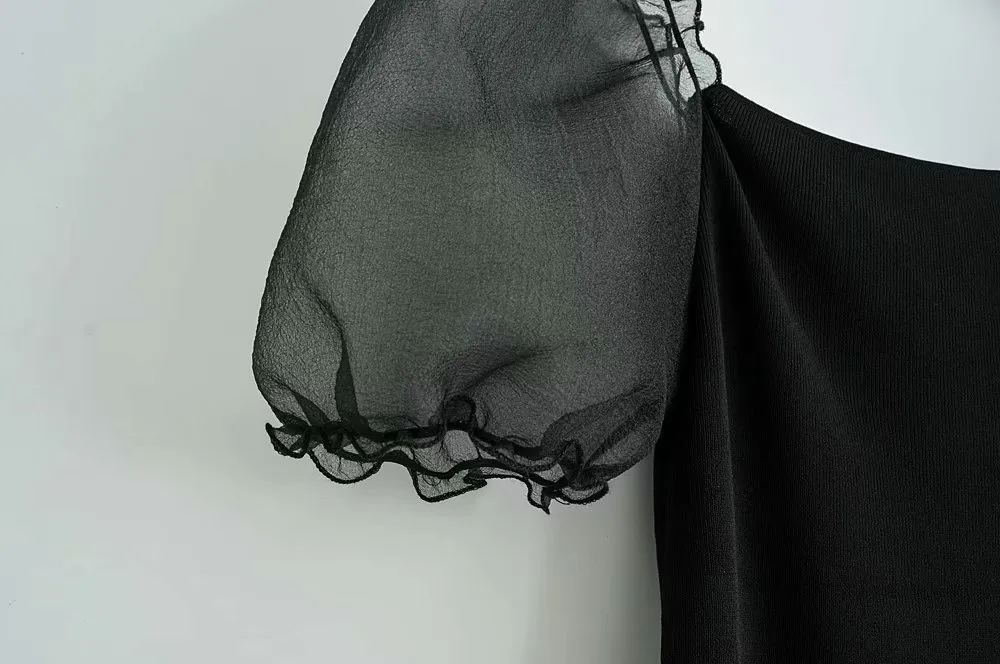 Camicetta lavorata a maglia patchwork con maniche a sbuffo moda donna camicia streetwear dimagrante blusas chic retrò nero top LJ200831