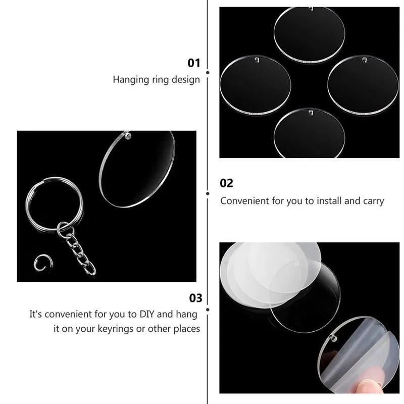 48 72 96 pièces Acrylique Transparent Cercle Disques Ensemble Porte-clés Clair Rond Acrylique Porte-clés Blancs Porte-clés pour BRICOLAGE Transparent12352