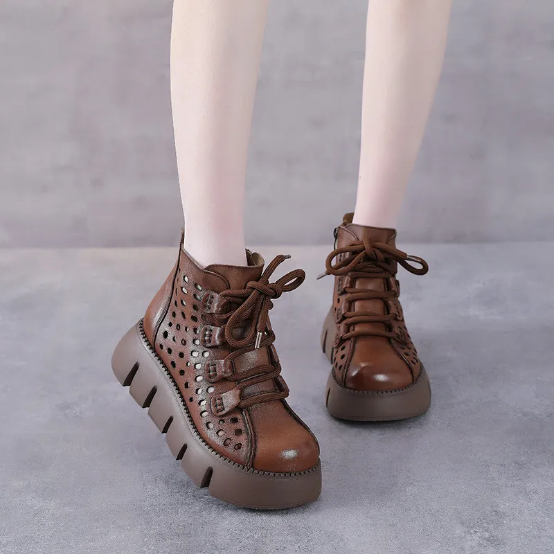 Zomer lederen korte laarzen dikke muffinzolen holle ademend schoenen vintage casual enkellaarzen sandalen voor vrouwen
