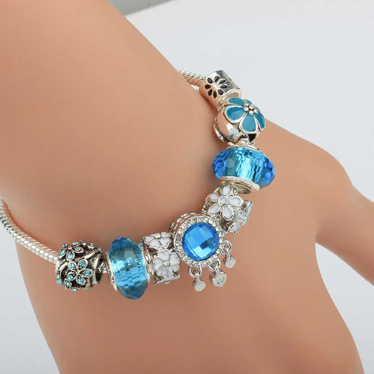 Bleu alliage zircon bracelet femmes Dreamcatcher Verre Perle Bracelet De Mode DIY Vente Chaude Perles Bracelets cadeau femme avec pochette